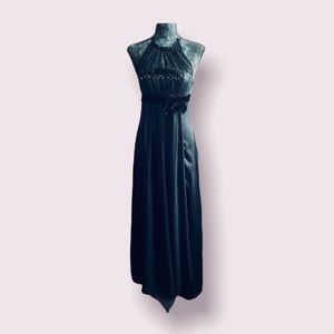 BCBG Max Azria Black Silk Satin Lace Velvet Bow Halter Gown w/Rhinestone Details